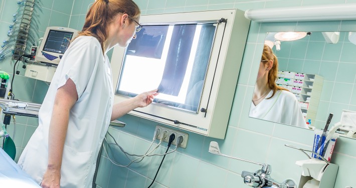 Tiermedizinische Fachangestellte bei der Röntgenbildbetrachtung